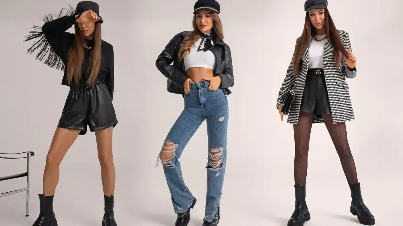 Trzy kobiety prezentują modne stylizacje na koncert: skórzane szorty, podarte jeansy i elegancki żakiet.