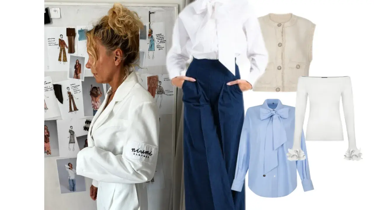 Elegancki strój na rozpoczęcie roku szkolnego w liceum: biała koszula z kokardą, błękitna koszula z kokardą, kamizelka, biała bluzka hiszpanka i granatowe spodnie.