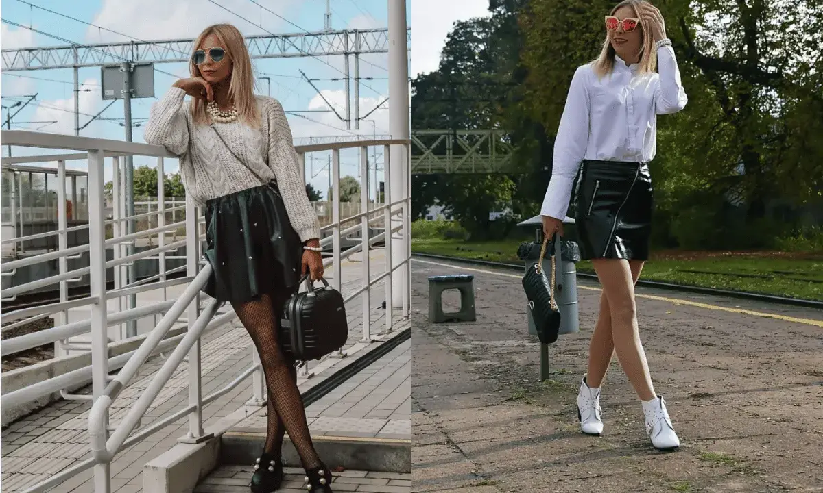 Dwie kobiety prezentują skórzana spódnica stylizacje na imprezę. Jedna w swetrze i z perełkami, druga w białej koszuli i z białymi botkami.
