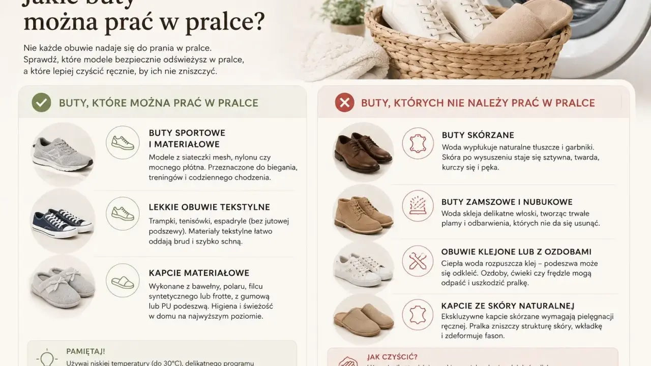 Pranie butów w pralce: sportowe i tekstylne tak, skórzane, zamszowe, klejone nie. Użyj programu delikatnego.