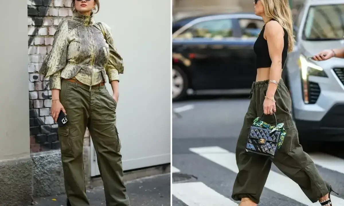 Dwie kobiety w spodniach cargo w kolorze khaki. Ten kolor to klasyczny, uniwersalny odcień zieleni, który świetnie wygląda w miejskich stylizacjach.
