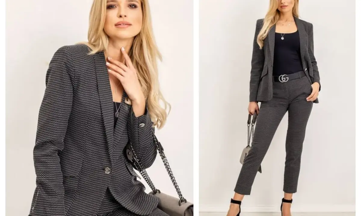 Elegancka kobieta w dopasowanym garniturze, idealnym do biznesowego dres code. Stylowa stylizacja z torebką i szpilkami.