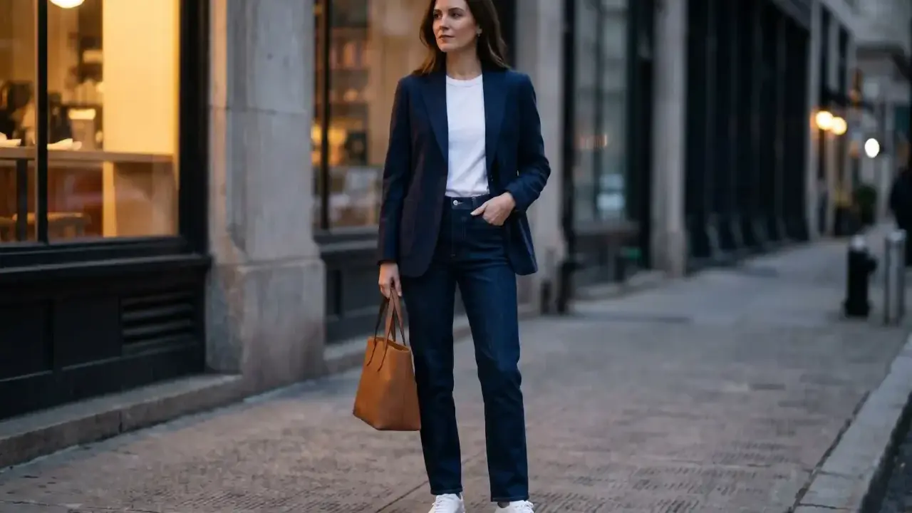 Kobieta w granatowej marynarce, białej koszulce i jeansach, z brązową torebką. Idealny smart casual na imprezę.
