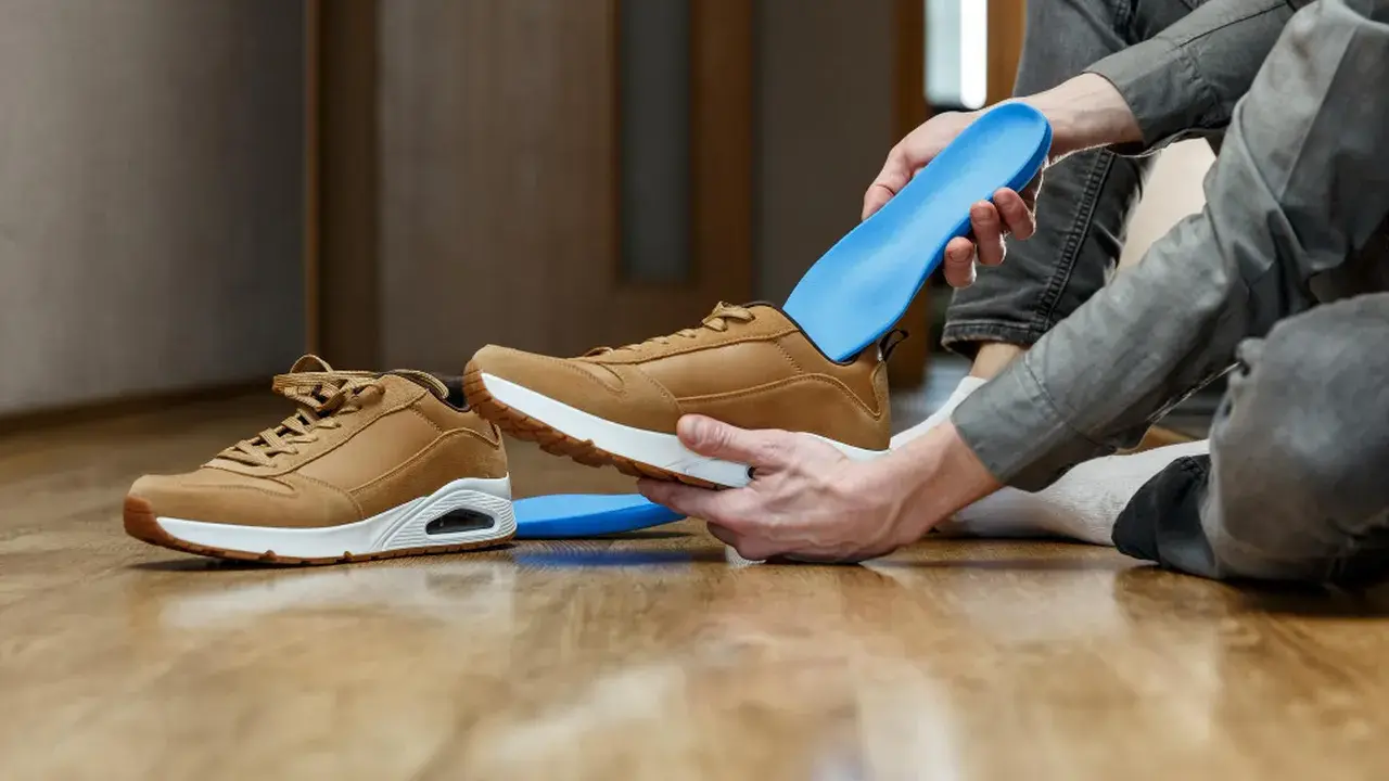 Jak odświeżyć buty w środku? Włóż niebieskie wkładki do brązowych sneakersów, by zapewnić komfort i świeżość.