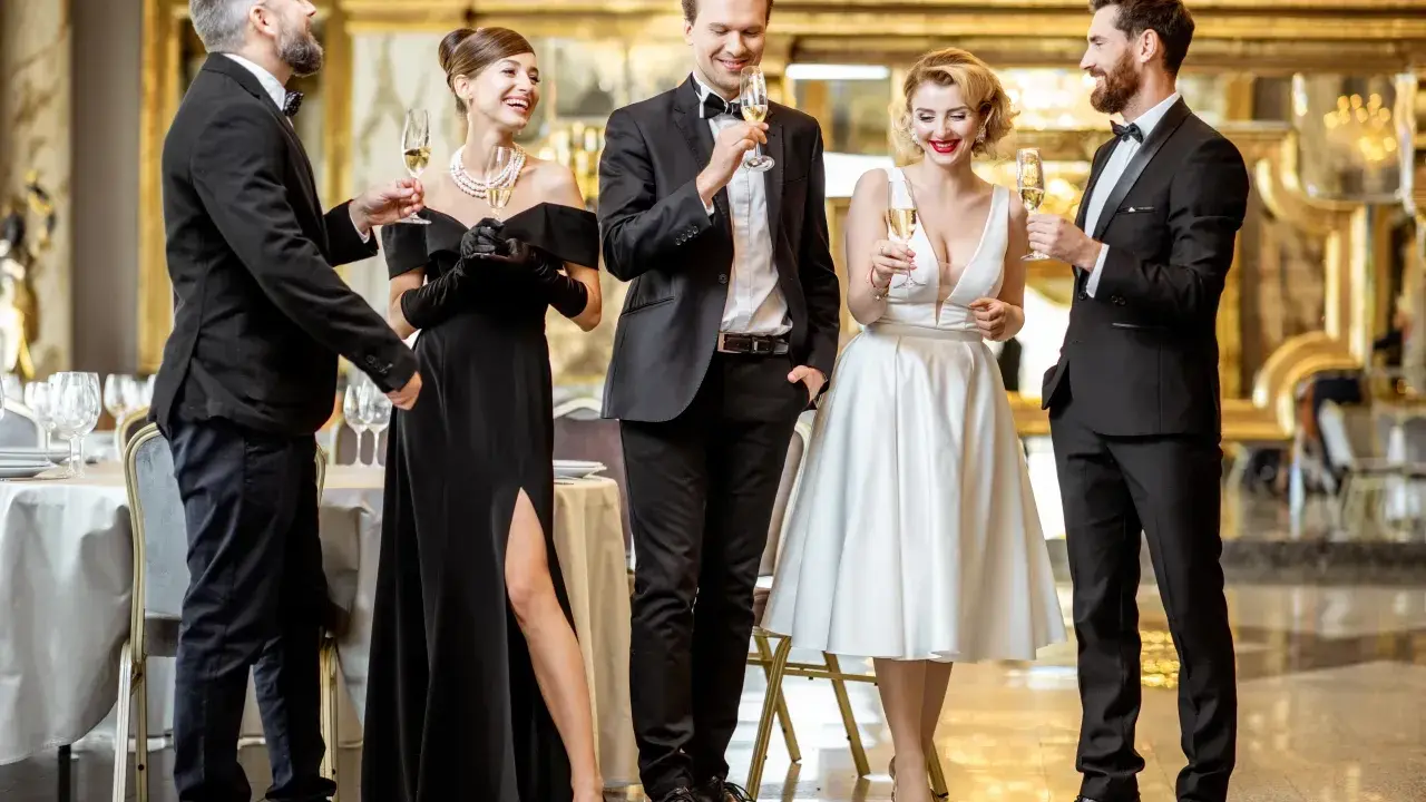 Elegancka czwórka w strojach black tie wznosi toasty. Kobieta w czarnej sukni z rozcięciem i mężczyźni w smokingach.