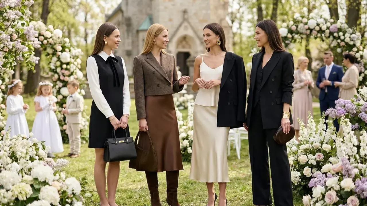 Eleganckie kobiety w czerni i beżu przed kościołem. Czy na komunie można ubrać się na czarno? Tak, jeśli stylizacja jest odpowiednia.