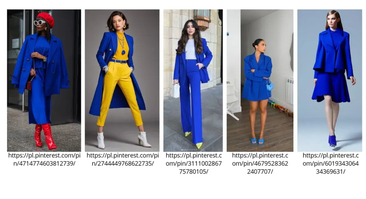 Kobiety w eleganckich stylizacjach w odcieniu **kolor chabrowy**. Garnitury, płaszcze i sukienki prezentują się niezwykle stylowo.