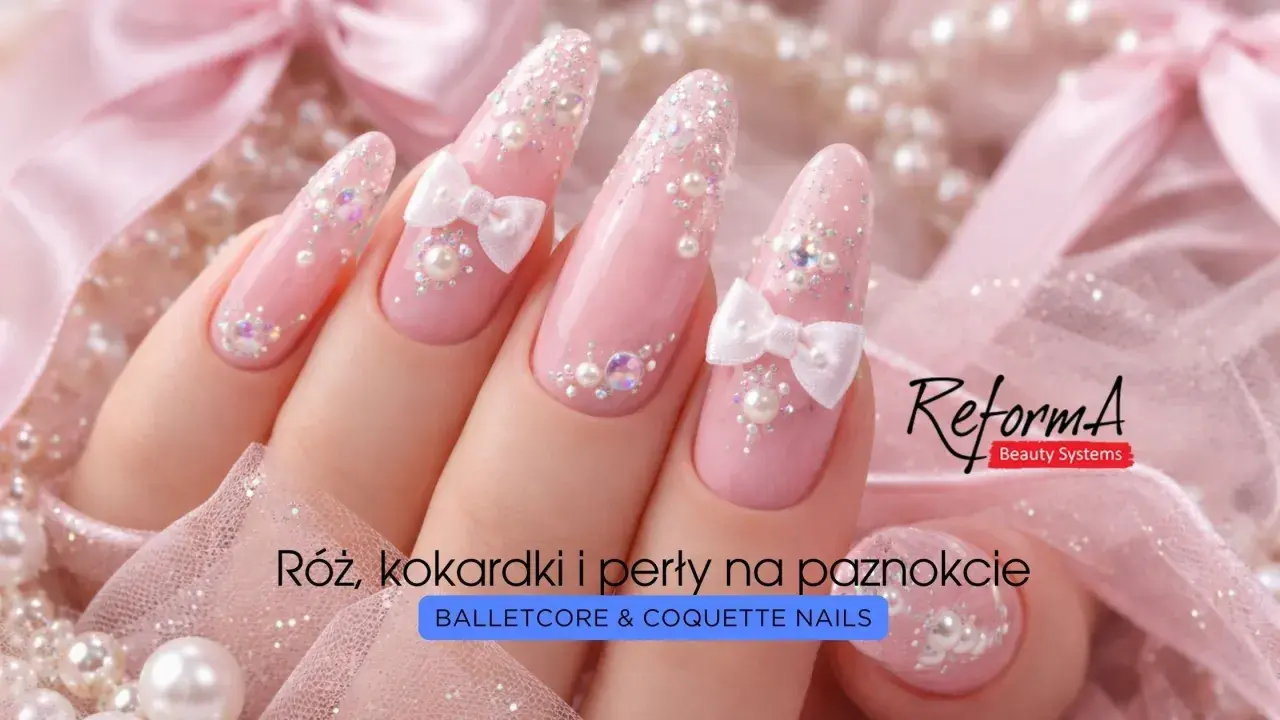 Różowe paznokcie z kokardkami i perłami, idealne dla coquette aesthetic.