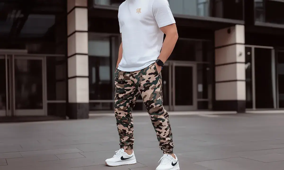 Spodnie moro damskie stylizacje: wygodne bojówki w kamuflażu, biały t-shirt i białe sneakersy tworzą miejski look.