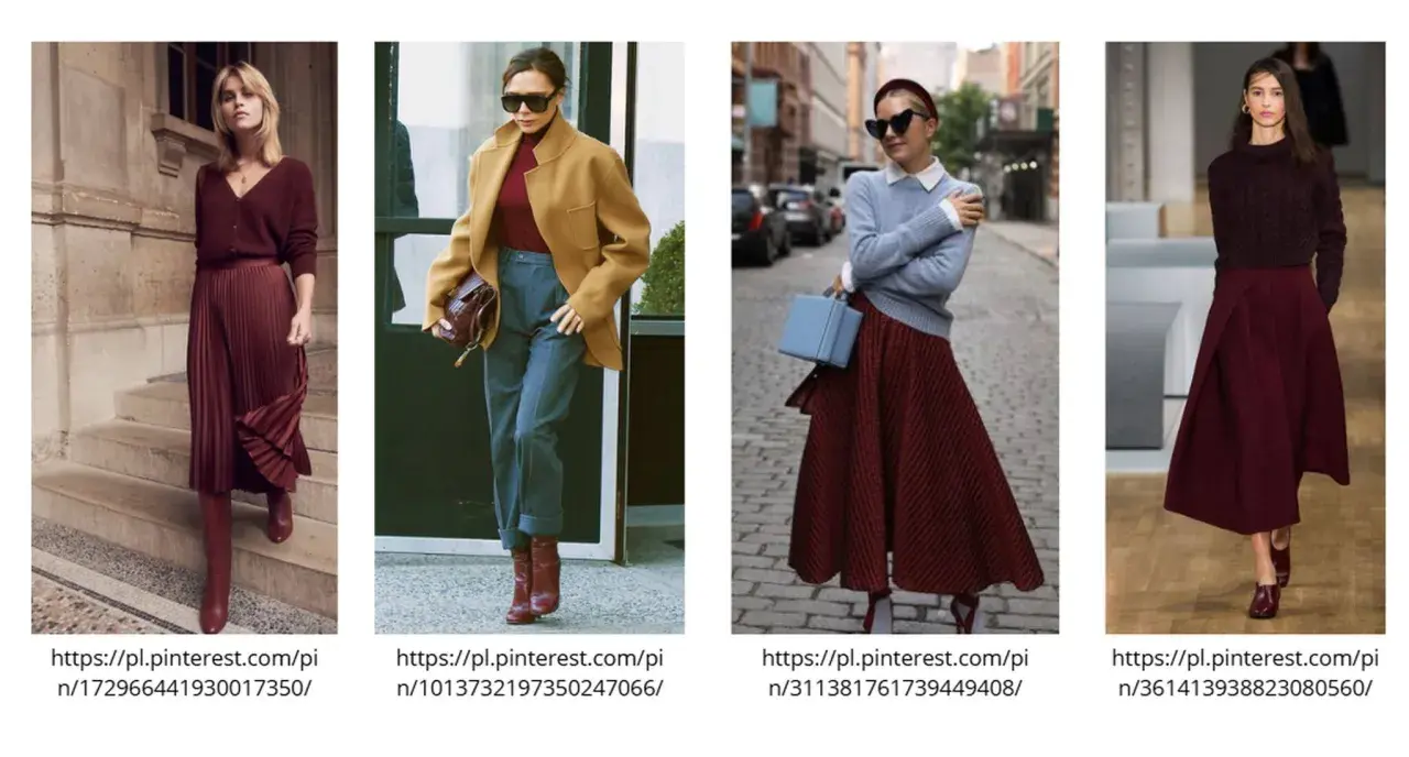 Eleganckie stylizacje w kolorze burgund. Spódnice i swetry w odcieniu głębokiej czerwieni, który jest tak piękny.