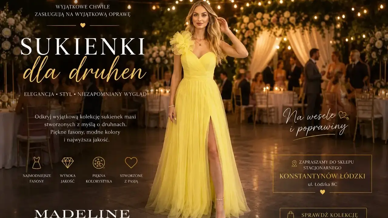 Eleganckie sukienki na wesele 2026 dla druhen. Modelka w żółtej sukni maxi z rozcięciem. Odkryj kolekcję Madeline Fashion.