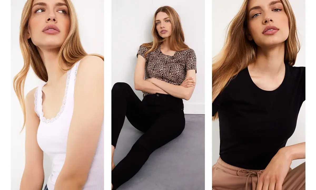 Trzy ujęcia kobiet w prostych, basicowych stylizacjach: biały top z koronką, bluzka w panterkę i czarny t-shirt.