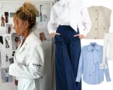 Elegancki strój na rozpoczęcie roku szkolnego w liceum: biała koszula z kokardą, błękitna koszula z kokardą, kamizelka, biała bluzka hiszpanka i granatowe spodnie.
