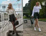 Dwie kobiety prezentują skórzana spódnica stylizacje na imprezę. Jedna w swetrze i z perełkami, druga w białej koszuli i z białymi botkami.