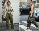 Dwie kobiety w spodniach cargo w kolorze khaki. Ten kolor to klasyczny, uniwersalny odcień zieleni, który świetnie wygląda w miejskich stylizacjach.