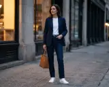 Kobieta w granatowej marynarce, białej koszulce i jeansach, z brązową torebką. Idealny smart casual na imprezę.