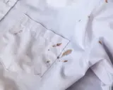 Biała koszula z brązowymi, trudnymi plamami na materiale i kieszeni.