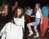 Lata 80 moda impreza: kobiety w białych sukienkach i spódniczkach tańczą, mężczyźni w kolorowych spodniach.