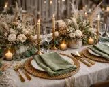 Elegancka aranżacja stołu weselnego w stylu boho: bukiety z traw pampasowych i róż, złote sztućce, świece i zielone serwetki. Idealna inspiracja, jak się ubrać na wesele w stylu boho.