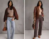 Kobieta prezentuje dwa zestawy ubrań w stylu vintage: luźne jeansy i brązową kurtkę lub elegancki brązowy żakiet z szerokimi spodniami.