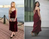 Dwie kobiety w bordowych sukienkach. Zastanawiasz się, jakie rajstopy do bordowej sukienki? Zobacz inspiracje!