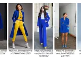 Kobiety w eleganckich stylizacjach w odcieniu **kolor chabrowy**. Garnitury, płaszcze i sukienki prezentują się niezwykle stylowo.