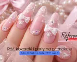Różowe paznokcie z kokardkami i perłami, idealne dla coquette aesthetic.