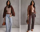 Kto to hipster? Kobieta w brązowej kurtce i jeansach lub marynarce i brązowych spodniach, z torebką.