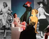 Kobiety w stylowych kreacjach, odzwierciedlające modę na przestrzeni lat. Eleganckie sukienki, kapelusze i wyrafinowane sylwetki.