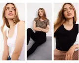 Trzy ujęcia kobiet w prostych, basicowych stylizacjach: biały top z koronką, bluzka w panterkę i czarny t-shirt.