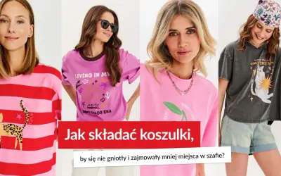 Cztery kobiety prezentują koszulki z nadrukami. Dowiedz się, jak składać bluzki z długim rękawem, by się nie gniotły i zajmowały mniej miejsca.
