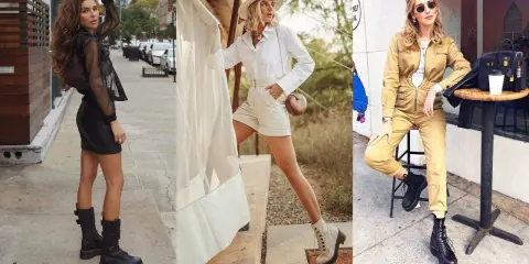 Trzy kobiety prezentują stylizacje z glanami do sukienki i kombinezonu.