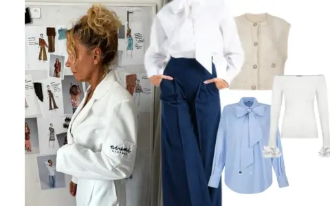 Elegancki strój na rozpoczęcie roku szkolnego w liceum: biała koszula z kokardą, błękitna koszula z kokardą, kamizelka, biała bluzka hiszpanka i granatowe spodnie.