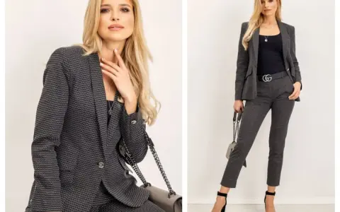 Elegancka kobieta w dopasowanym garniturze, idealnym do biznesowego dres code. Stylowa stylizacja z torebką i szpilkami.