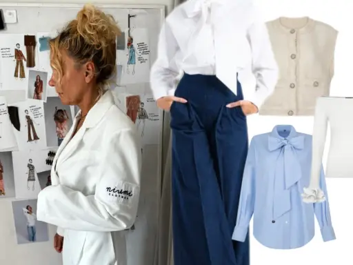 Elegancki strój na rozpoczęcie roku szkolnego w liceum: biała koszula z kokardą, błękitna koszula z kokardą, kamizelka, biała bluzka hiszpanka i granatowe spodnie.