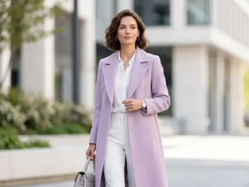 Elegancka kobieta w jasnoróżowym płaszczu, który idealnie oddaje, jak wygląda kolor liliowy. Biała bluzka i spodnie dopełniają stylizację.