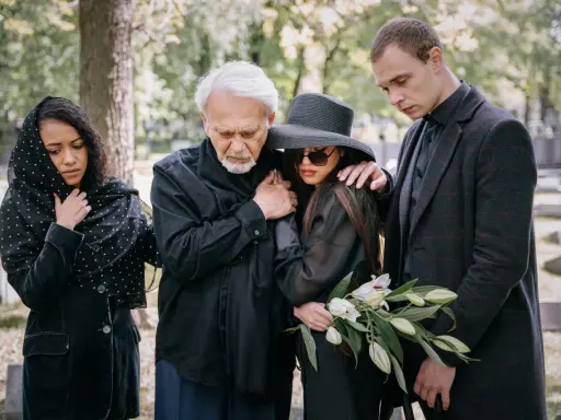 Smutna rodzina w czarnych strojach na cmentarzu. Wskazówki, jak ubrać się na pogrzeb: elegancja i powaga.