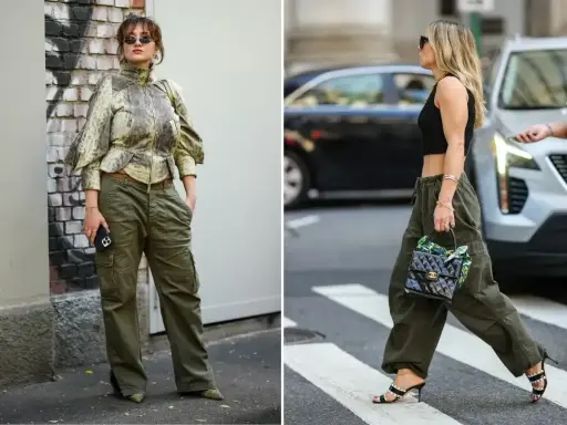 Dwie kobiety w spodniach cargo w kolorze khaki. Ten kolor to klasyczny, uniwersalny odcień zieleni, który świetnie wygląda w miejskich stylizacjach.
