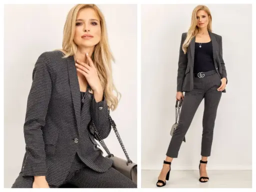 Elegancka kobieta w dopasowanym garniturze, idealnym do biznesowego dres code. Stylowa stylizacja z torebką i szpilkami.