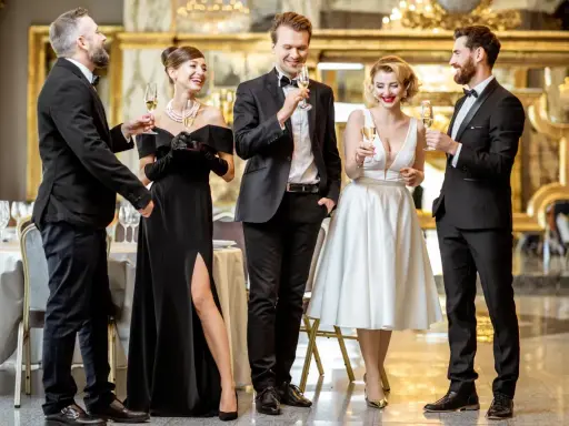 Elegancka czwórka w strojach black tie wznosi toasty. Kobieta w czarnej sukni z rozcięciem i mężczyźni w smokingach.