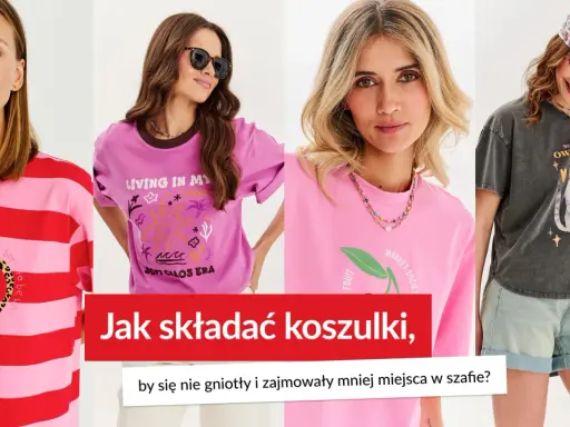 Cztery kobiety prezentują koszulki z nadrukami. Dowiedz się, jak składać bluzki z długim rękawem, by się nie gniotły i zajmowały mniej miejsca.