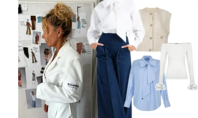 Elegancki strój na rozpoczęcie roku szkolnego w liceum: biała koszula z kokardą, błękitna koszula z kokardą, kamizelka, biała bluzka hiszpanka i granatowe spodnie.