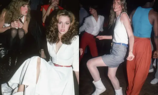 Lata 80 moda impreza: kobiety w białych sukienkach i spódniczkach tańczą, mężczyźni w kolorowych spodniach.