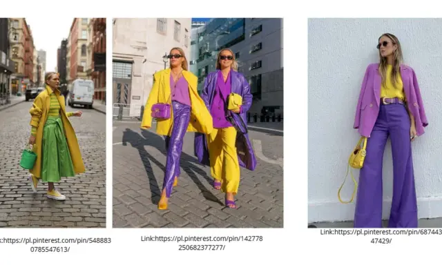 Kobiety w stylizacjach z dominującym żółtym i fioletowym. Jaki kolor pasuje do żółtego? Fioletowy, zielony i żółty tworzą odważne połączenia.