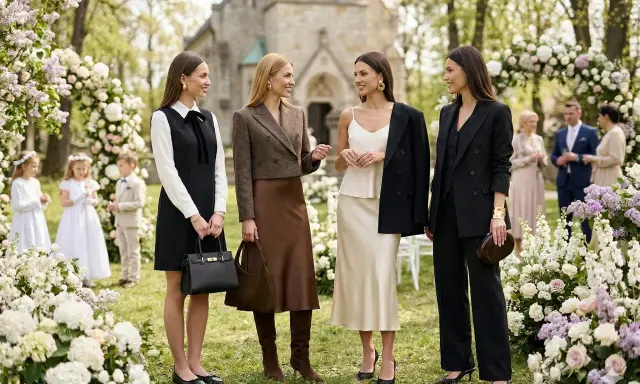 Eleganckie kobiety w czerni i beżu przed kościołem. Czy na komunie można ubrać się na czarno? Tak, jeśli stylizacja jest odpowiednia.