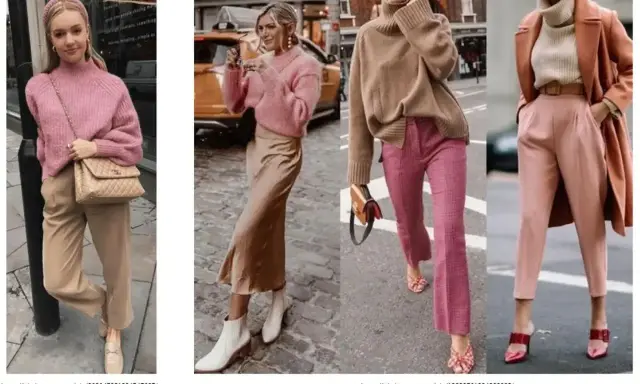 Kobiety w stylizacjach z różowymi swetrami i spodniami w odcieniach różu i **kolorze taupe**.