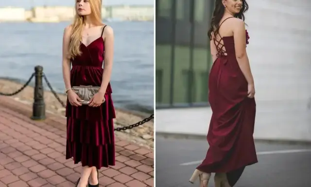 Dwie kobiety w bordowych sukienkach. Zastanawiasz się, jakie rajstopy do bordowej sukienki? Zobacz inspiracje!