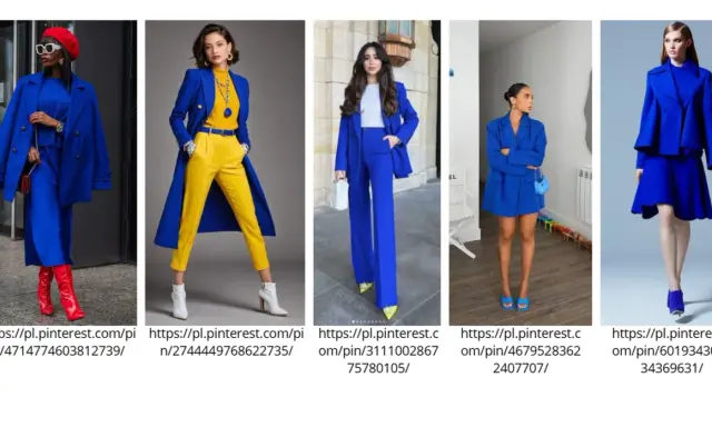 Kobiety w eleganckich stylizacjach w odcieniu **kolor chabrowy**. Garnitury, płaszcze i sukienki prezentują się niezwykle stylowo.