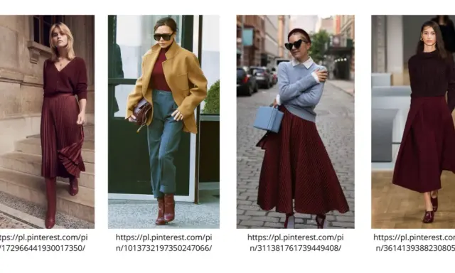 Eleganckie stylizacje w kolorze burgund. Spódnice i swetry w odcieniu głębokiej czerwieni, który jest tak piękny.
