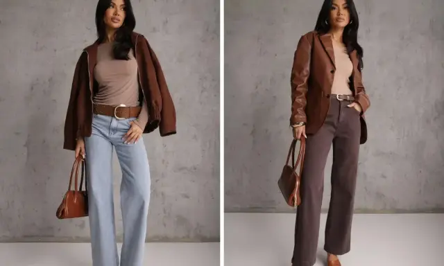 Kto to hipster? Kobieta w brązowej kurtce i jeansach lub marynarce i brązowych spodniach, z torebką.